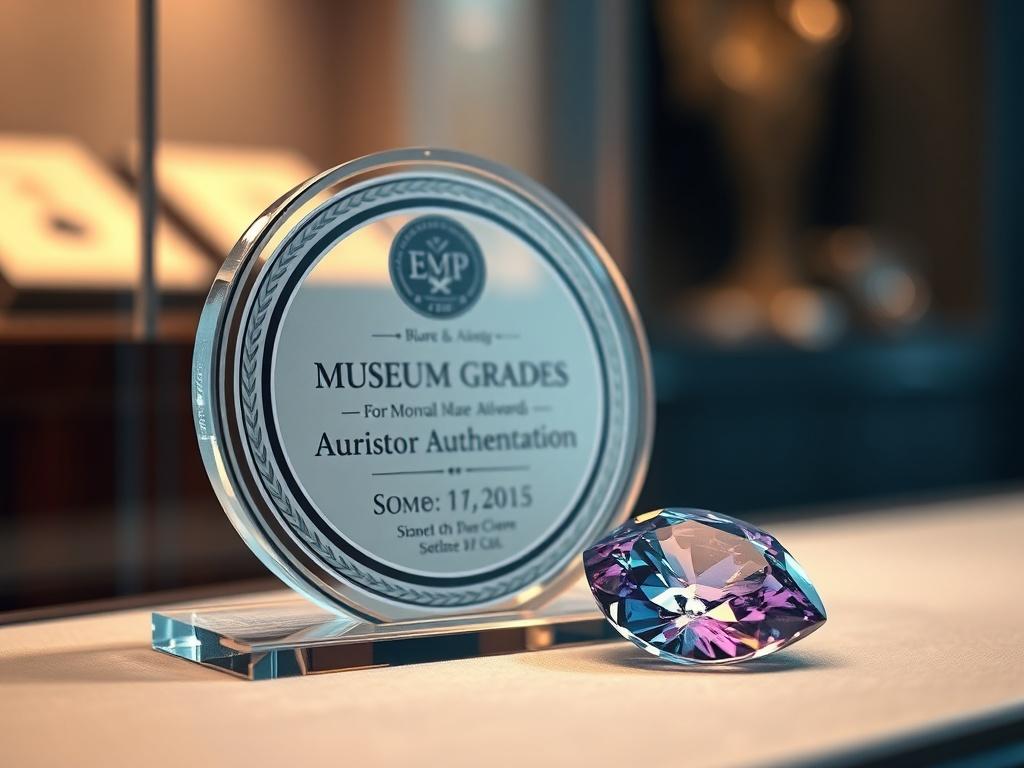 An elegant high-resolution image of an award for museum-grade authentication, placed next to a rare gemstone. The background should feature a softly lit display case, enhancing the sense of value and importance of the award.