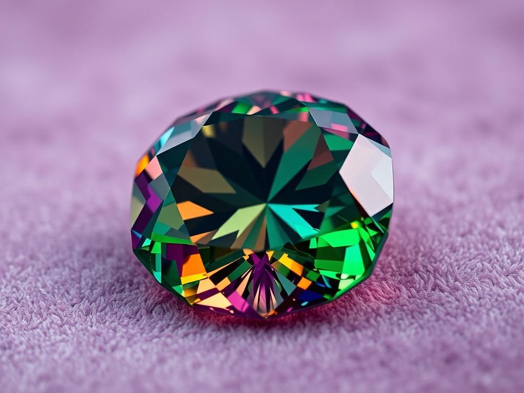 A hyper-realistic close-up shot of a rare gemstone, showcasing its intricate details and vibrant colors. The gemstone is placed on a soft velvet background that enhances its brilliance, with soft lighting emphasizing its facets and clarity. The focus is sharp, capturing the essence of the stone, while the background remains slightly blurred to keep the attention on the gemstone.
