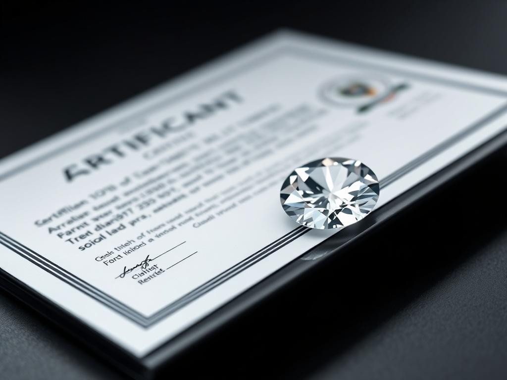 A striking close-up of a lab-grown diamond perched on a sleek black surface, accompanied by a certification document. The focus highlights the brilliance of the diamond and the professionalism of the certification.
