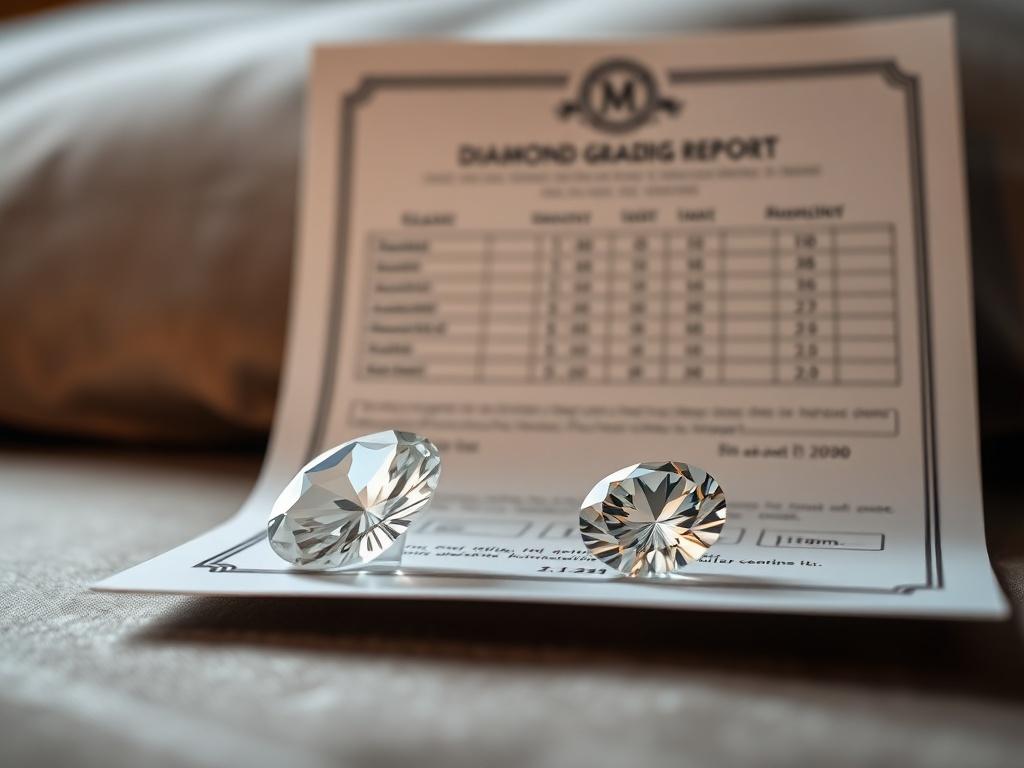 A close-up shot of a diamond grading report displayed on a luxurious velvet background, with a diamond sparkling in the foreground. The focus is on the report's detailed grading information, emphasizing clarity and precision.