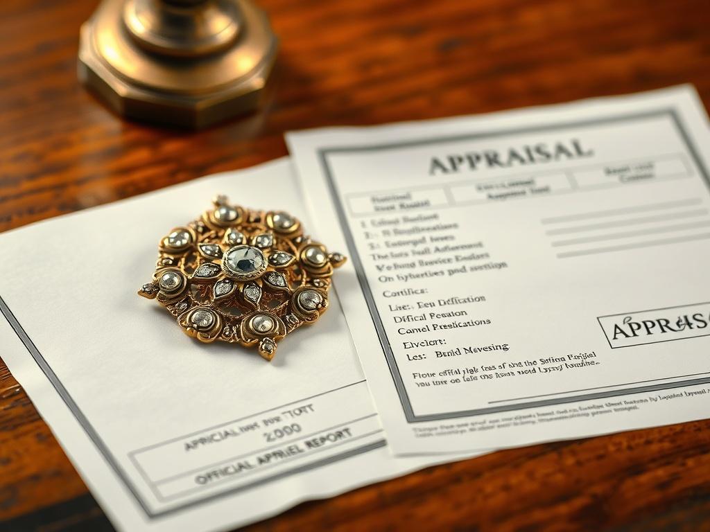 A high-resolution image of an antique brooch alongside an appraisal document, beautifully arranged on a polished wooden table. The focus is on the intricate details of the jewelry and the official appraisal report.