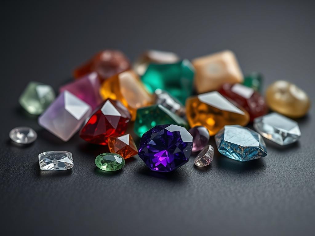 A stunning close-up of a collection of rare uncut gemstones, displayed on a smooth black surface. The gemstones should include a variety of colors and shapes, showcasing their natural beauty and authenticity. The lighting should create reflections and highlights on the surface of the stones, emphasizing their unique textures. The composition should be clean and minimalistic, allowing the viewer to appreciate the raw, untouched quality of each gemstone.