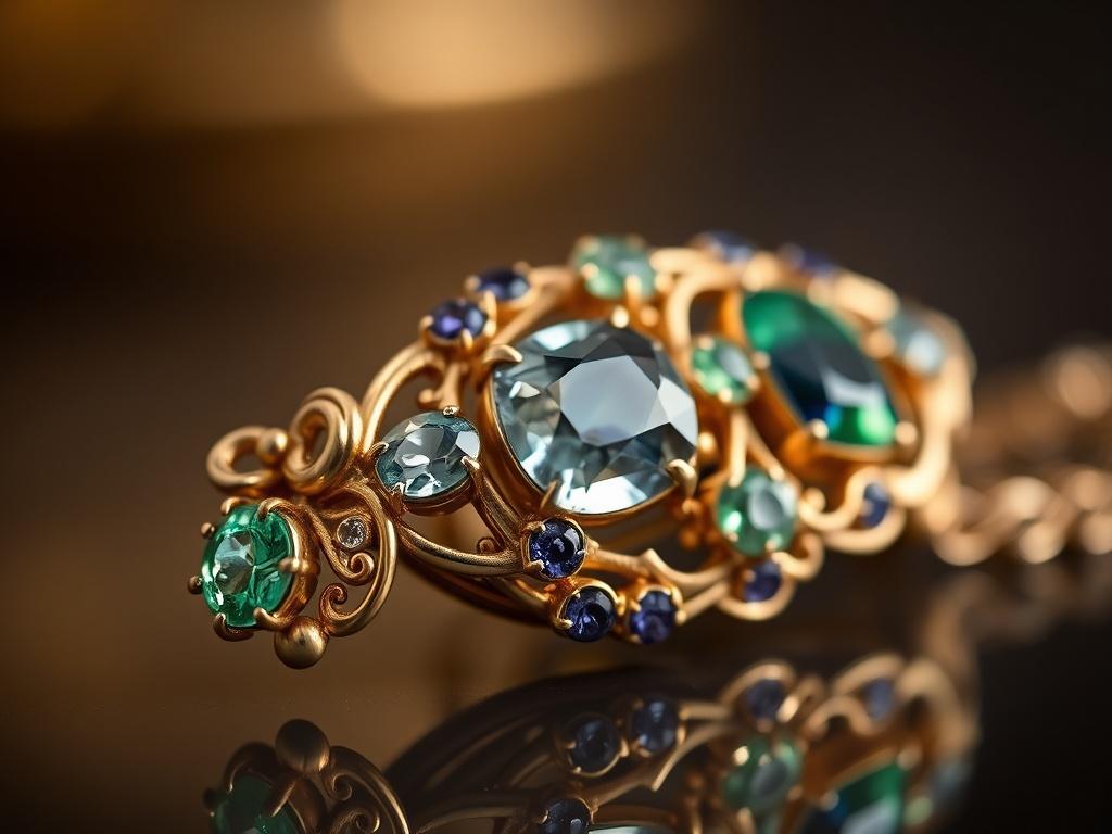 A close-up shot of an exquisite piece of antique jewelry, showcasing intricate designs and craftsmanship. The jewelry should feature a mix of vintage gemstones, such as sapphires and emeralds, set in ornate gold filigree. The background should be softly blurred to emphasize the details of the jewelry, with warm lighting enhancing the colors of the gemstones. The composition should be simple and clear, focusing solely on the antique jewelry piece.