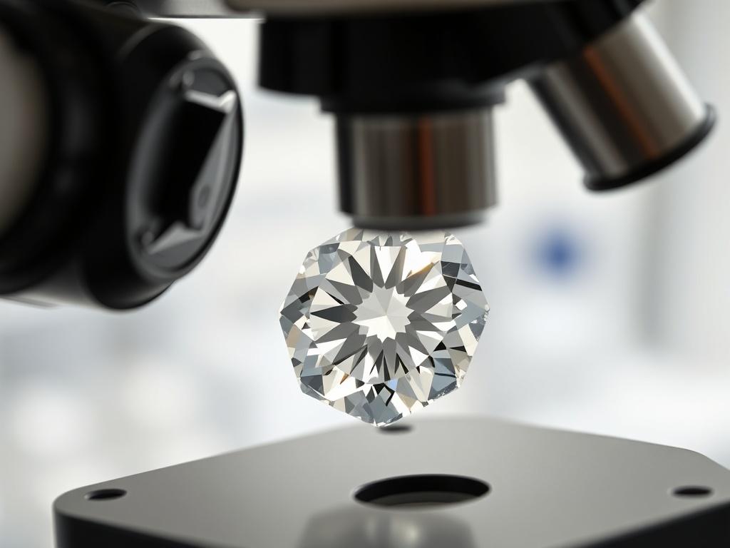 A high-resolution close-up of a lab-grown diamond being examined under a microscope. The diamond should be perfectly cut, showcasing its brilliance and clarity. The microscope's lens should be in focus, revealing intricate details of the diamond's facets. The background should be softly blurred to keep the focus on the diamond and microscope, with a professional laboratory setting in the background subtly indicated. The lighting should be bright to highlight the diamond's sparkle.