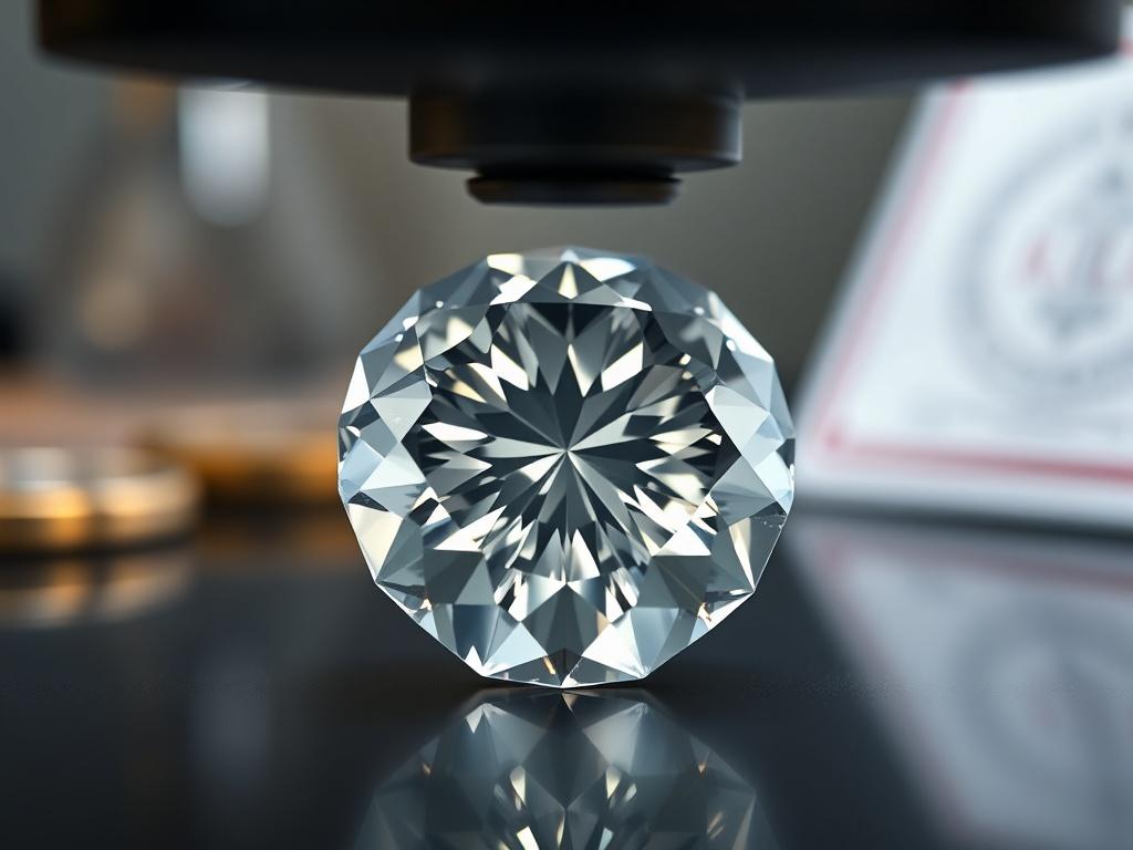 A close-up shot of a diamond under inspection, with a focus on the intricate facets and clarity, shot with a 45mm f/1.2 lens. The background should be softly blurred, emphasizing the diamond's brilliance, with a subtle hint of the certification process in the background, blending professionalism with elegance.