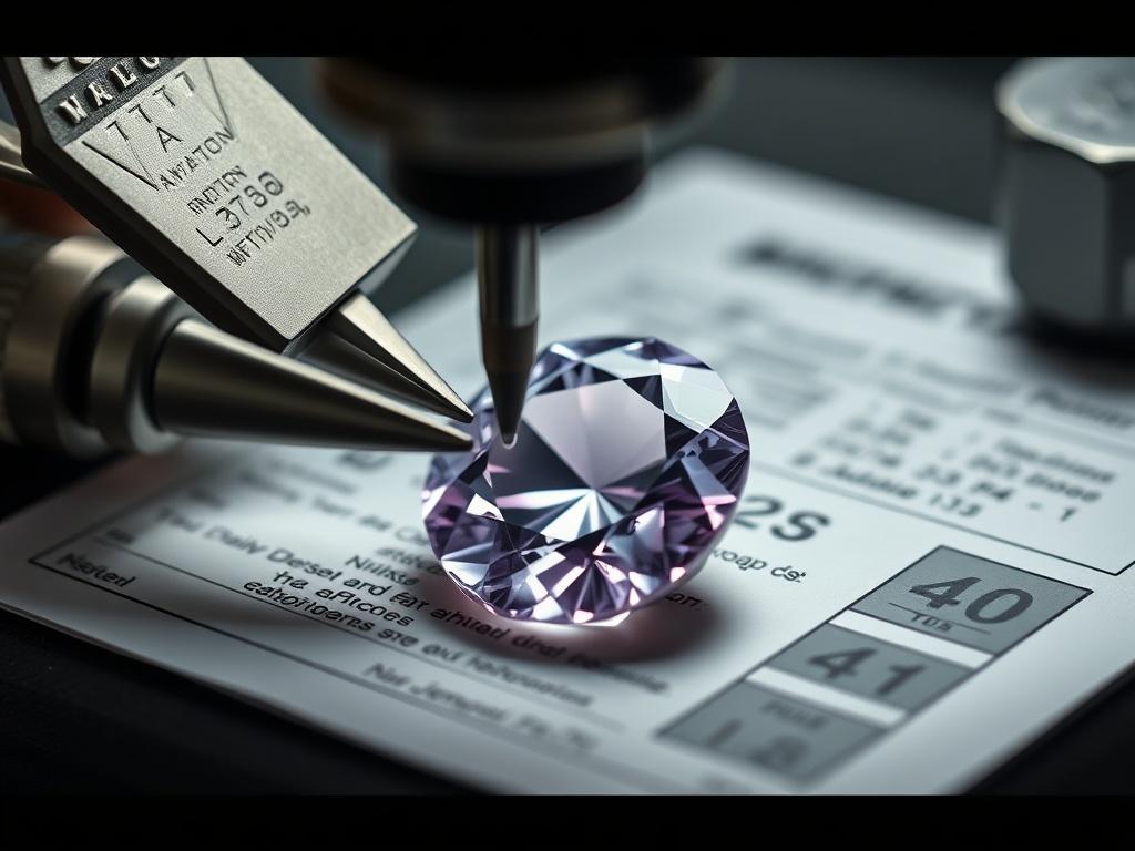 A close-up shot of a rare gem being authenticated, with precision tools and documentation in the frame. The image should highlight the gem's unique features and the professional environment, captured with a 45mm f/1.2 lens.