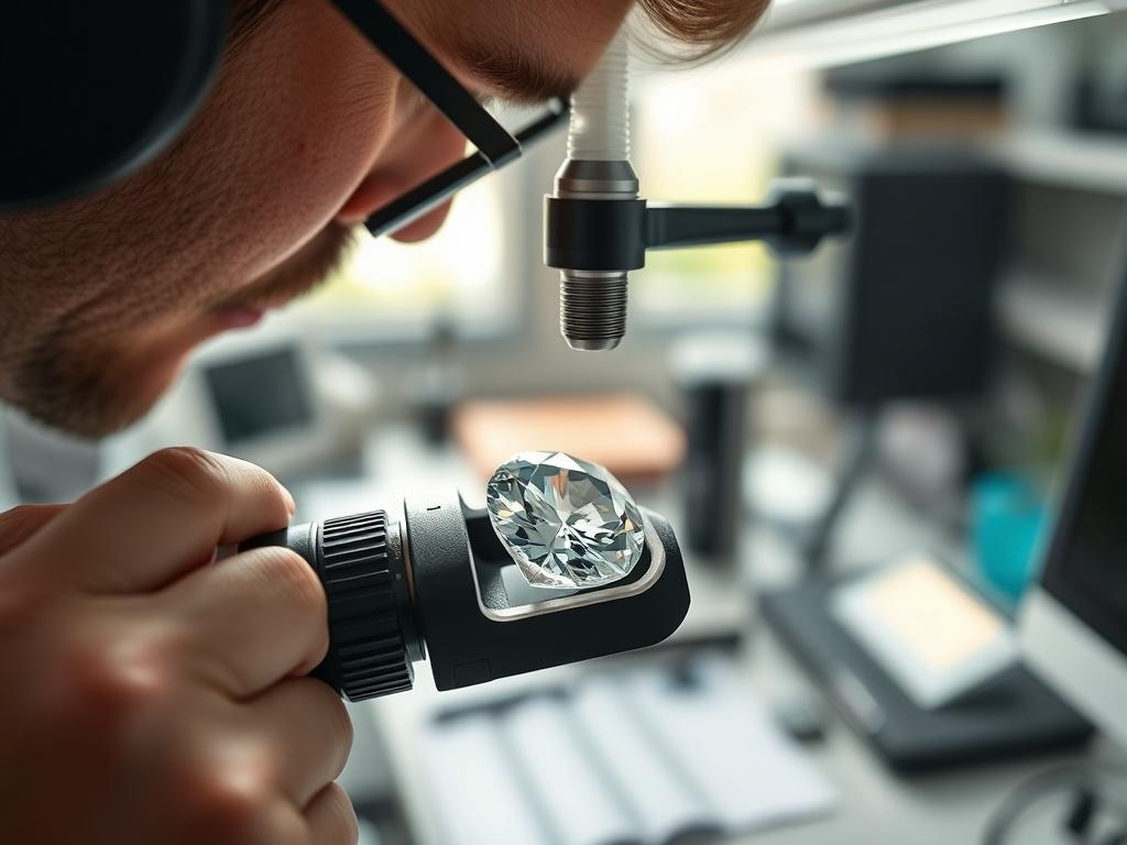 A close-up shot of a gemologist grading a diamond using a loupe, focusing on the diamond's features with a bright, well-lit workspace in the background. The scene should convey professionalism and attention to detail, captured with a 45mm f/1.2 lens.