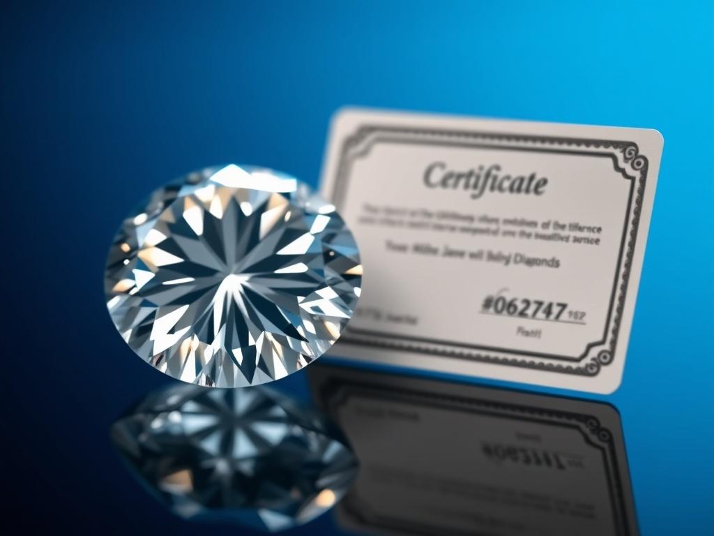 A close-up shot of a beautifully graded diamond with a certificate beside it, reflecting high-quality craftsmanship. The background should be softly blurred to emphasize the diamond, using a deep blue tone that harmonizes with the primary color #062767. The lighting should highlight the diamond's facets, showcasing its brilliance and clarity.
