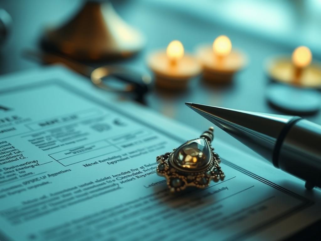 A close-up shot of an antique piece of jewelry being evaluated, with an appraisal document in the foreground. The background should be softly blurred, maintaining focus on the jewelry and document. The colors should complement #062767, creating an elegant atmosphere that conveys professionalism and expertise.