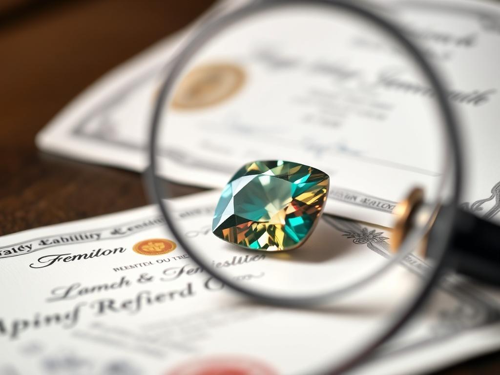 A close-up shot of a rare gem displayed under a magnifying glass, with an authentication certificate beside it. The background should be subtly blurred to draw attention to the gem and certificate. Use a rich color palette that resonates with #062767, enhancing the gem's allure and significance.