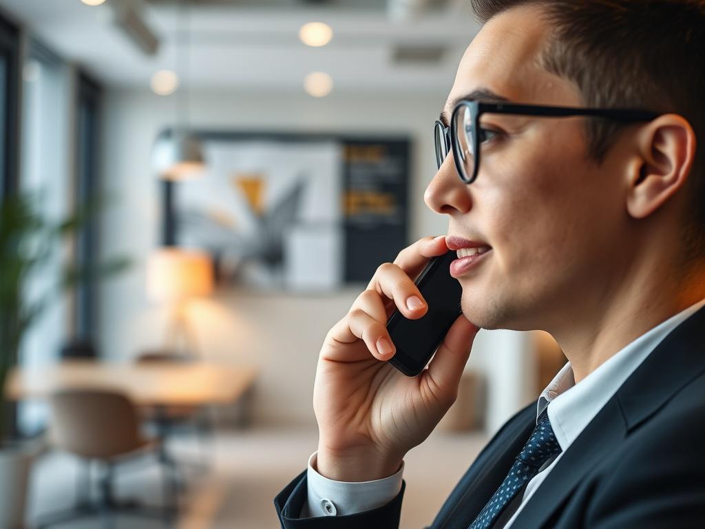 A close-up shot of a business professional on a phone call in a contemporary office setting. The focus should be on the individual speaking confidently, with a blurred background of an inviting workspace. The atmosphere should convey professionalism and approachability.