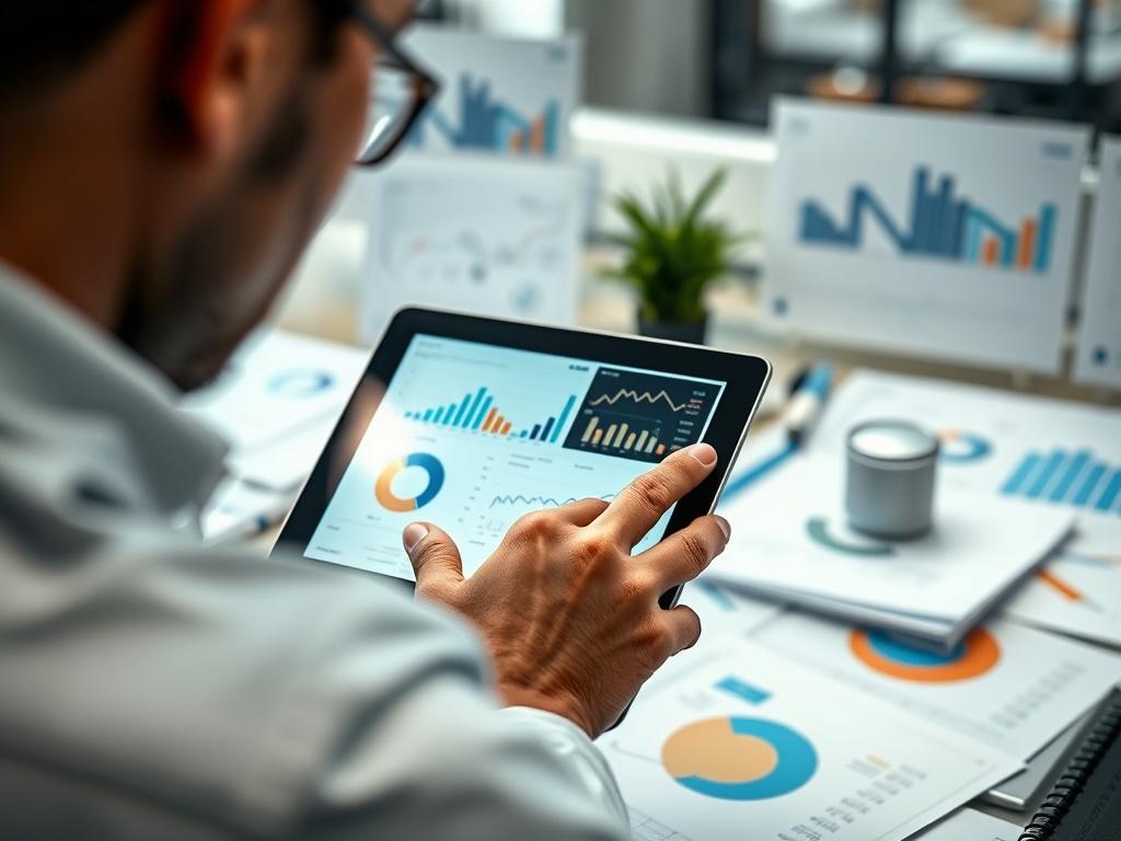 A close-up shot of a person analyzing data on a tablet, surrounded by documents and charts in a modern office. The focus should be on the tablet screen displaying engaging graphs and analytics. The background should reflect a busy yet organized workspace.