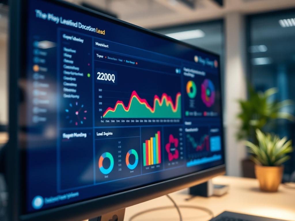 A close-up shot of a computer screen displaying a colorful dashboard with metrics and graphs about lead scoring. The background should be a modern office environment, with soft lighting creating a professional atmosphere. The focus should be on the screen, highlighting the data visualizations.