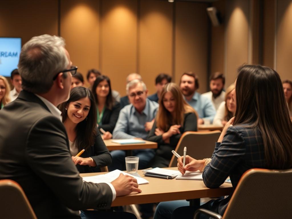 A close-up shot of a lively seminar with a speaker presenting to an engaged audience. The environment should reflect a professional setting with attendees taking notes and interacting. Emphasize the enthusiasm and collaborative spirit of the event.