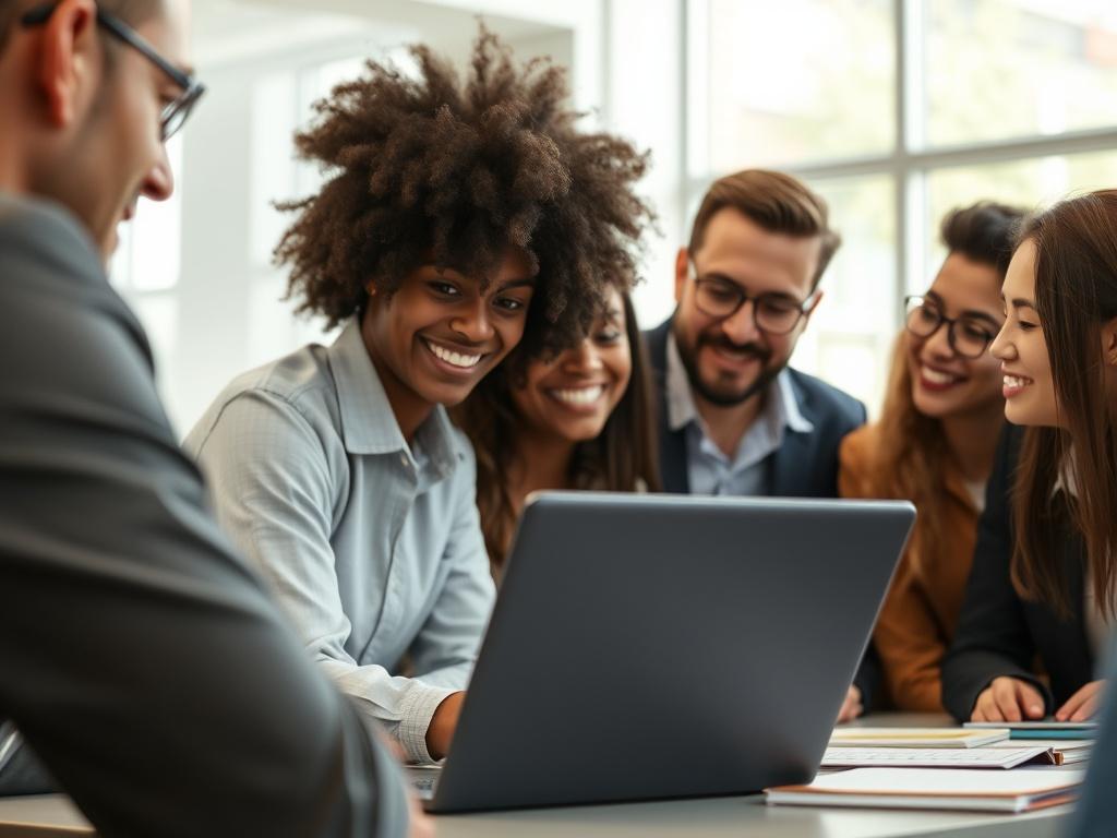 A close-up shot of a diverse group of business professionals engaged in a workshop setting, with a focus on a laptop displaying analytics data. The background should be a bright, modern office space with natural light. Capture the enthusiasm and collaboration among the participants, emphasizing the learning experience.