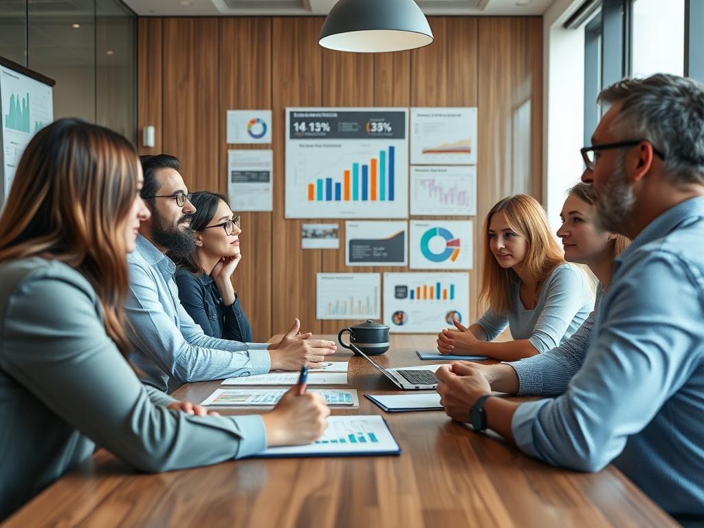 A hyper-realistic close-up shot of a sales team collaborating in a meeting room, discussing strategies for client engagement. The room should have a modern design with technology elements, showcasing infographics and charts that represent engagement metrics and successful outreach tactics.