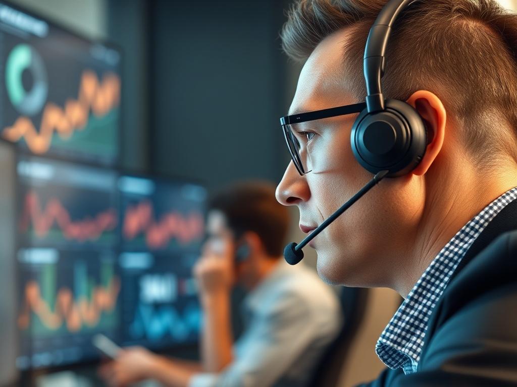A hyper-realistic close-up shot of a modern office environment, showcasing a professional using a headset and computer, engaged in a cold calling session. The background should subtly display a screen with data analytics, emphasizing technology and AI. The focus should be on the individual’s expression of concentration and determination, reflecting the impact of AI in business communication.