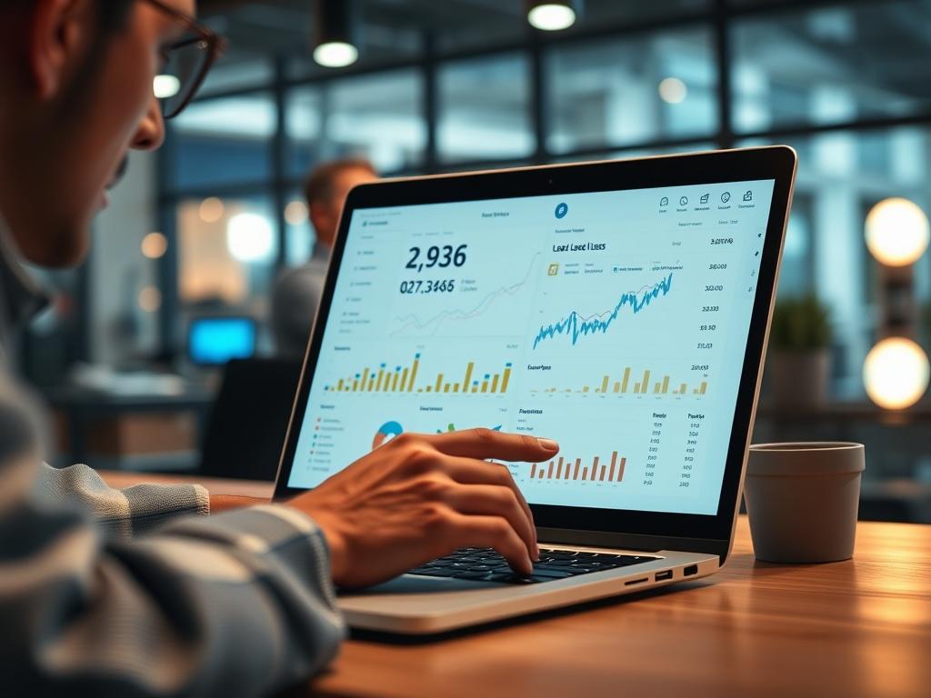 A hyper-realistic close-up shot of a digital marketing professional analyzing a dashboard filled with lead data on a laptop. The setting should reflect a modern workspace with ambient lighting and elements of technology, highlighting the efficiency and effectiveness of automated lead generation.