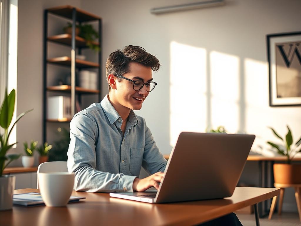 Create a realistic high-resolution photo capturing the essence of "Maximizing Your Online Presence." The image should focus on a single subject: a young professional sitting at a stylish desk, intently engaging with a laptop. Ensure that the individual has an expression of concentration and enthusiasm, symbolizing the excitement of enhancing digital visibility. 

The background should feature a modern office space with soft, natural lighting streaming through a large window, casting gentle shadows and creat