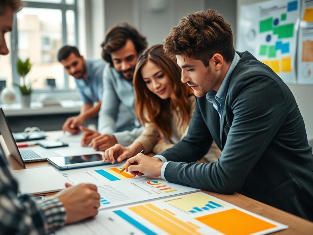 A close-up shot of a brainstorming session with diverse team members collaborating over marketing materials and digital devices, showcasing creativity and teamwork. The workspace is vibrant, with colorful notes and charts visible, symbolizing innovative campaign design.