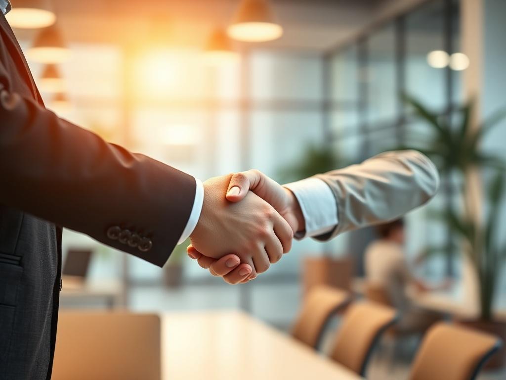 A close-up shot of two business owners shaking hands in a modern office setting, symbolizing partnership and collaboration. The focus is on the handshake, with a blurred background of a bright and inviting workspace. The lighting is warm and welcoming, emphasizing the positive energy of the partnership.