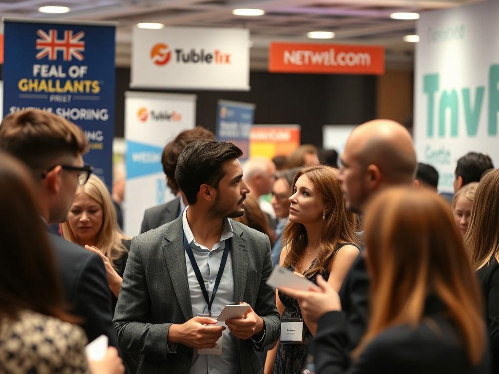 A close-up shot of a lively networking event, with attendees engaging in conversation and exchanging business cards. The atmosphere is energetic, with branded banners and promotional materials in the background, reflecting the collaborative spirit of the event.