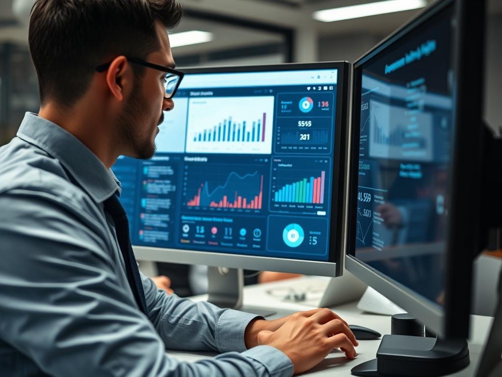 A hyper-realistic close-up shot of a business professional interacting with an AI chatbot on a computer screen, showcasing an engaging interface with graphs and lead data. The background should be a modern office setting, emphasizing productivity and technology.