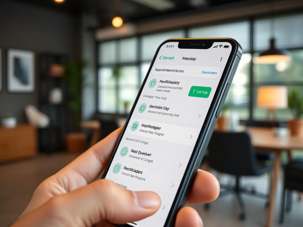 A hyper-realistic close-up shot of a smartphone displaying a user-friendly appointment booking app, with notifications and reminders visible. The background should feature a cozy office environment, signaling effective time management.