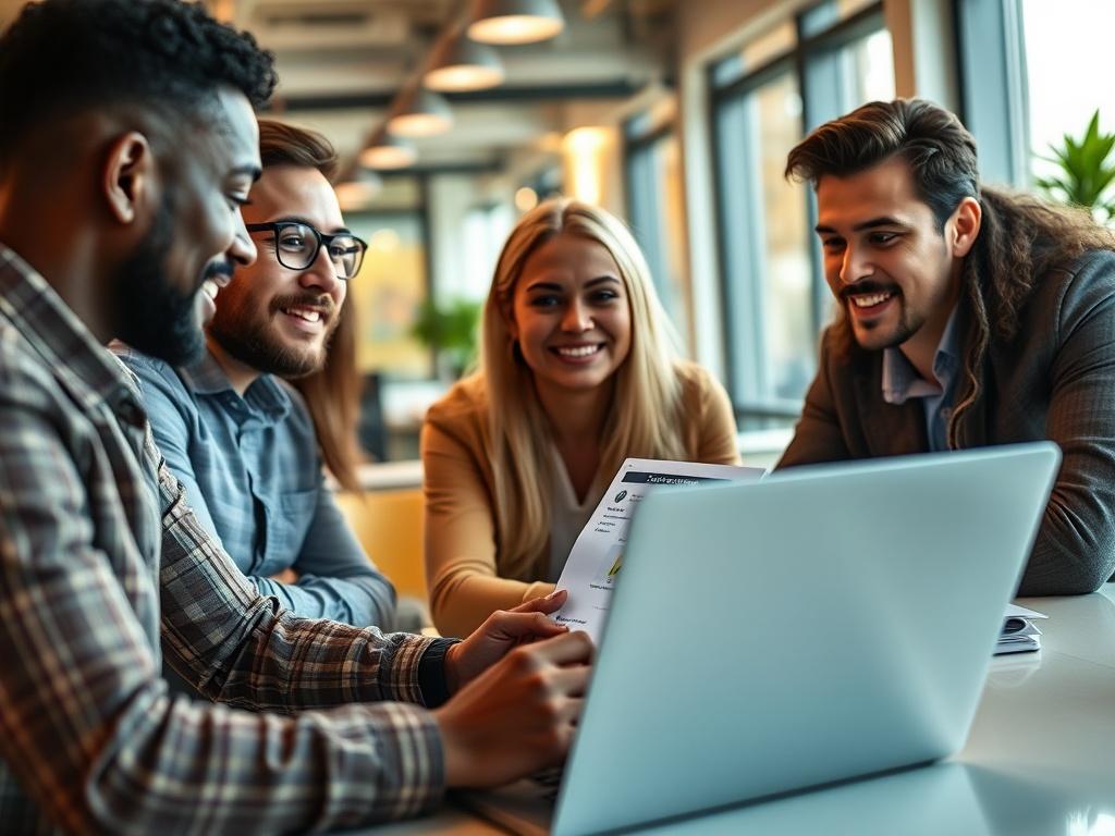 A hyper-realistic close-up shot of a business team in a modern office, collaborating on creative ideas with a laptop open showing automated task management software. The background should convey a vibrant and innovative workspace.