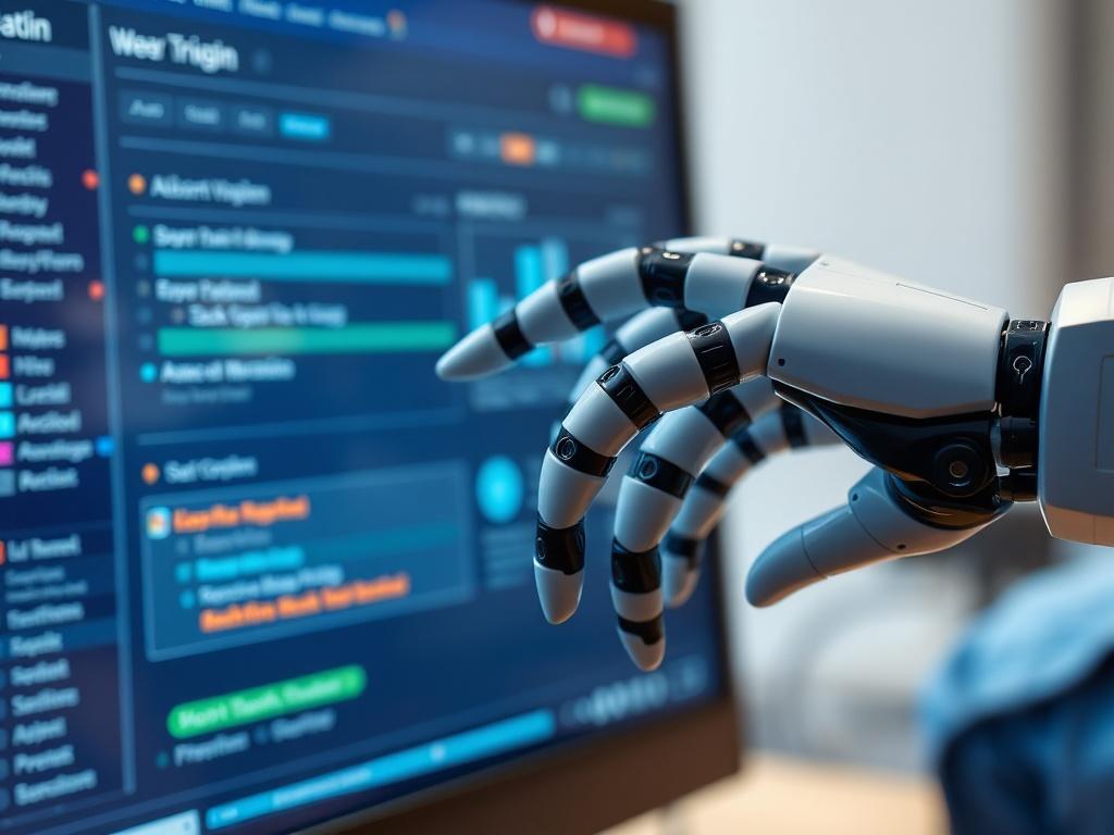 A close-up image of a robotic hand interacting with a computer screen displaying automated task management. The background should be soft and unfocused, emphasizing the interaction. Use colors compatible with rgb(50, 170, 39) to enhance the tech-savvy feel.
