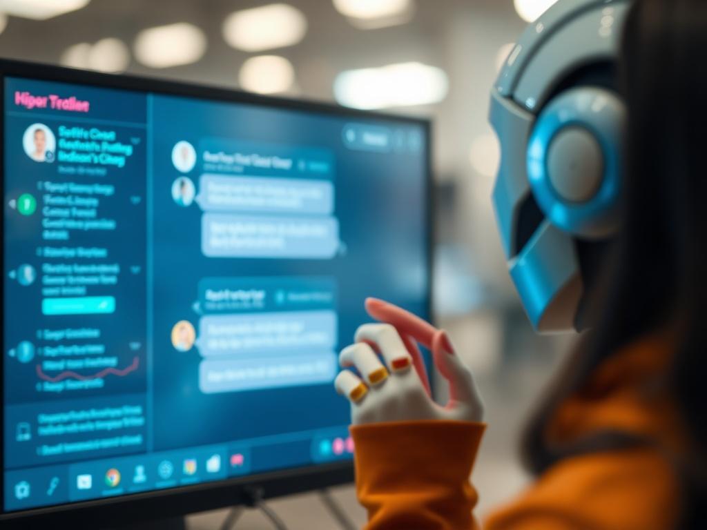 A close-up shot of a modern digital interface showcasing a chatbot engaging with a user. The background should be soft and blurred, focusing on the screen displaying the chat interaction. Use colors that complement rgb(50, 170, 39), suggesting a high-tech and user-friendly environment.