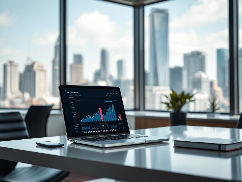 A modern office setting with a sleek desk and a laptop displaying AI analytics. The background should feature a large window with a view of the city skyline, symbolizing growth and innovation. The composition should be clean and professional, capturing the essence of speed and modernity, with natural light illuminating the workspace.