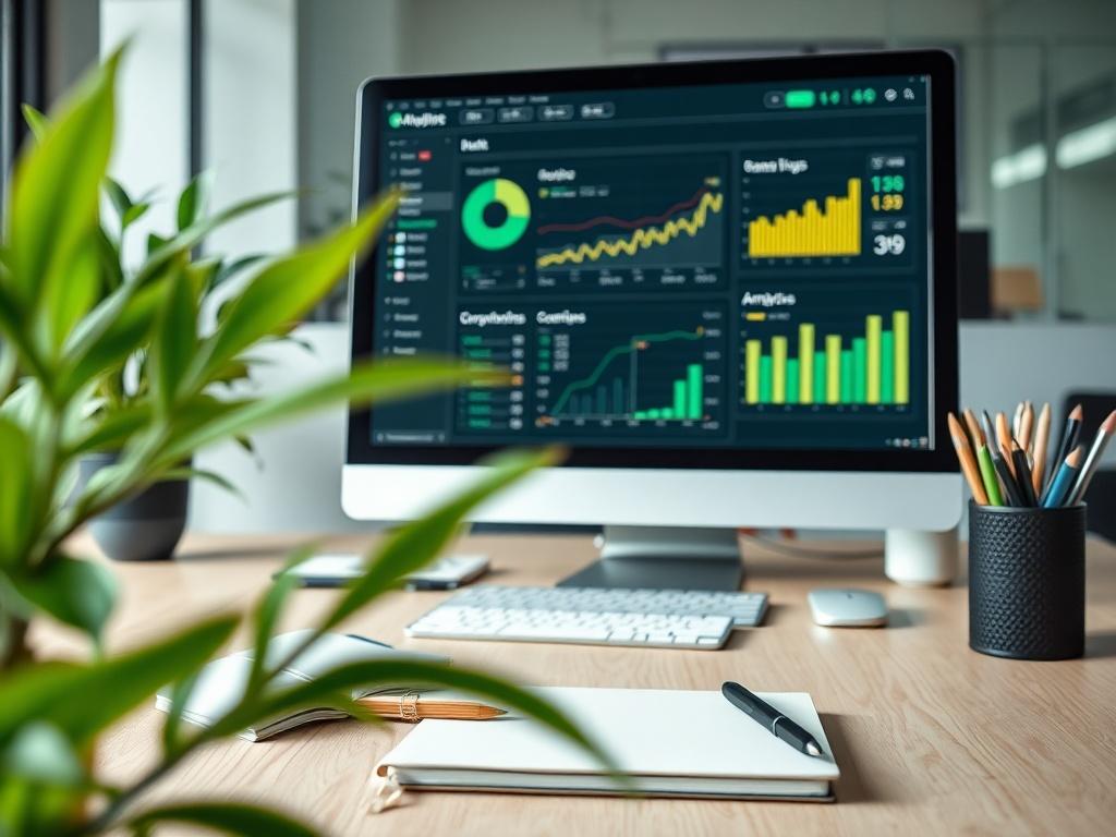 A hyper-realistic close-up shot of a professional office setting with a desktop computer showing a sophisticated analytics dashboard. Include a plant and a notebook in the foreground for added detail. The imagery should reflect a green and modern aesthetic, harmonizing with the primary color rgb(50, 170, 39).