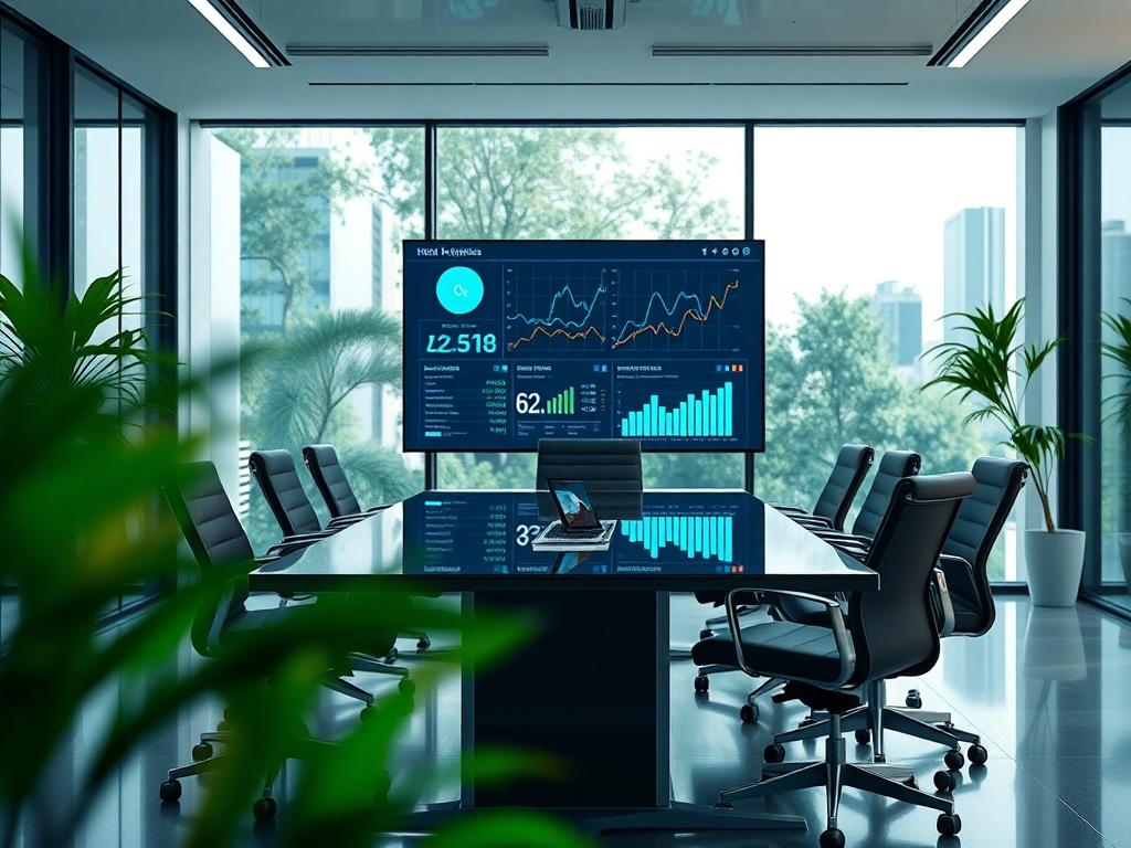 A hyper-realistic close-up shot of a conference room with a large screen displaying data analytics, surrounded by a sleek table and chairs. The environment should feel modern and professional, with a hint of greenery to match the color rgb(50, 170, 39).