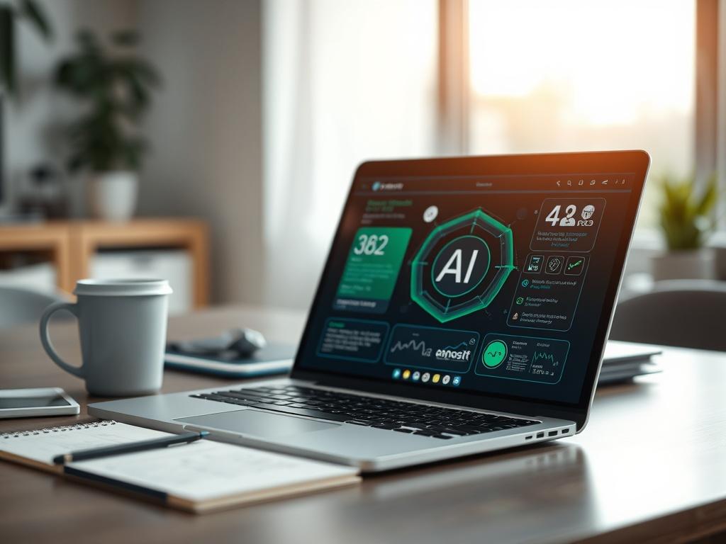 A hyper-realistic close-up shot of a modern workspace featuring a laptop screen displaying an AI interface, with notes and a coffee cup nearby. The background should be softly blurred to emphasize the focus on the laptop. The color scheme should incorporate shades of green and white to align with the primary color rgb(50, 170, 39).