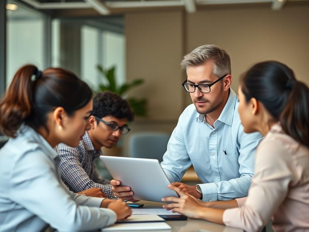 A training session in progress, with employees learning about AI tools from a trainer, emphasizing collaboration and growth.