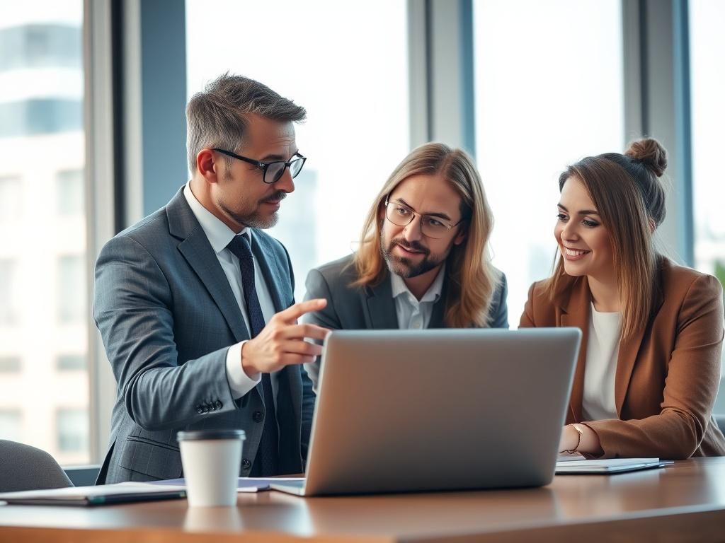 A business consultant engaging with a client in a modern office setting, discussing strategies over a laptop, bright and professional atmosphere.