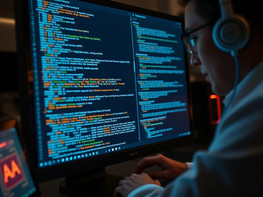A close-up of a computer screen displaying code and AI algorithms, with a professional working on it, showcasing technology and innovation.