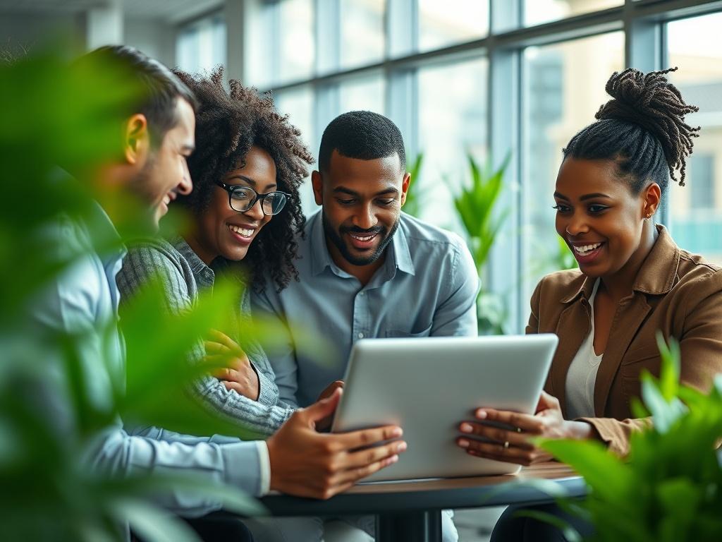 A close-up shot of a diverse group of professionals collaborating over a laptop in a modern office environment. The setting is bright and inviting, with greenery in the background, symbolizing growth and innovation. The team is engaged and focused, showcasing teamwork and dedication.