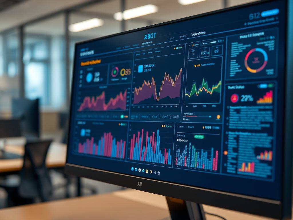 A close-up shot of a sleek AI bot interface on a computer screen, showcasing vibrant graphs and data flow, set against a modern office background.