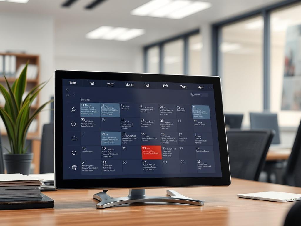 A close-up shot of a digital calendar with scheduled appointments, surrounded by a professional office setting.