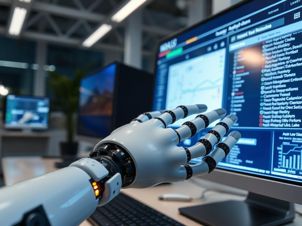 A close-up shot of a robotic hand interacting with a computer screen displaying automated tasks, set against a clean tech workspace.