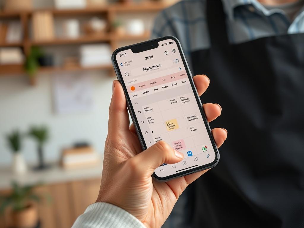 A hyper-realistic close-up shot of an AI scheduling interface on a smartphone held by a busy local business owner, with a clean background showcasing a workspace. The screen should display a user-friendly calendar and appointment slots, capturing the essence of modern scheduling automation.