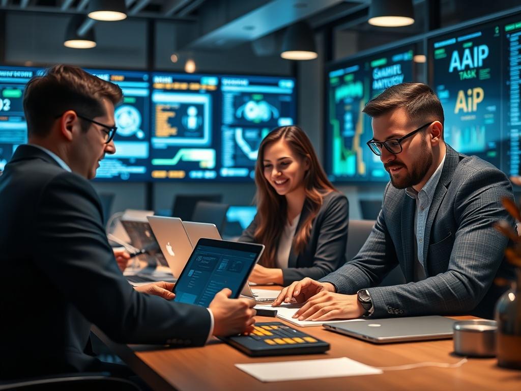 A hyper-realistic close-up shot of a business team collaborating while using AI tools on laptops, surrounded by digital screens showing task automation. The environment should feel modern and vibrant, reflecting teamwork and innovation in a workspace.
