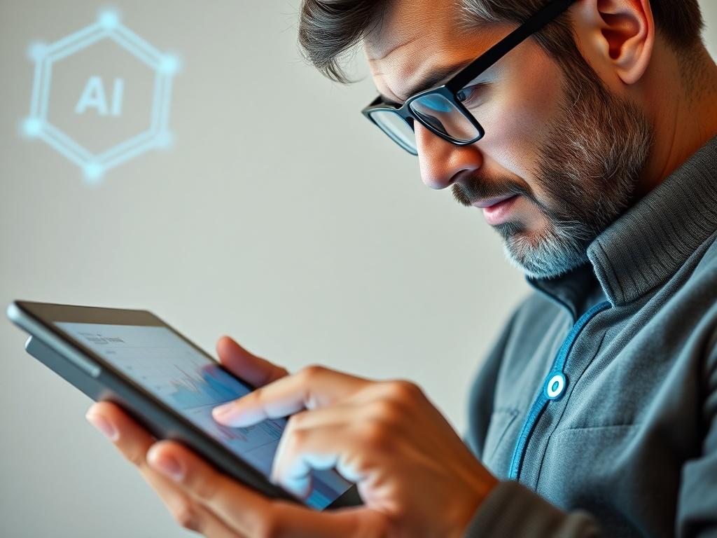 A hyper-realistic close-up shot of a business owner analyzing digital data on a tablet with AI elements in the background, showcasing engagement and lead generation. The background should be simple, with soft lighting, emphasizing the owner's focused expression and the tablet's screen displaying graphs and charts.