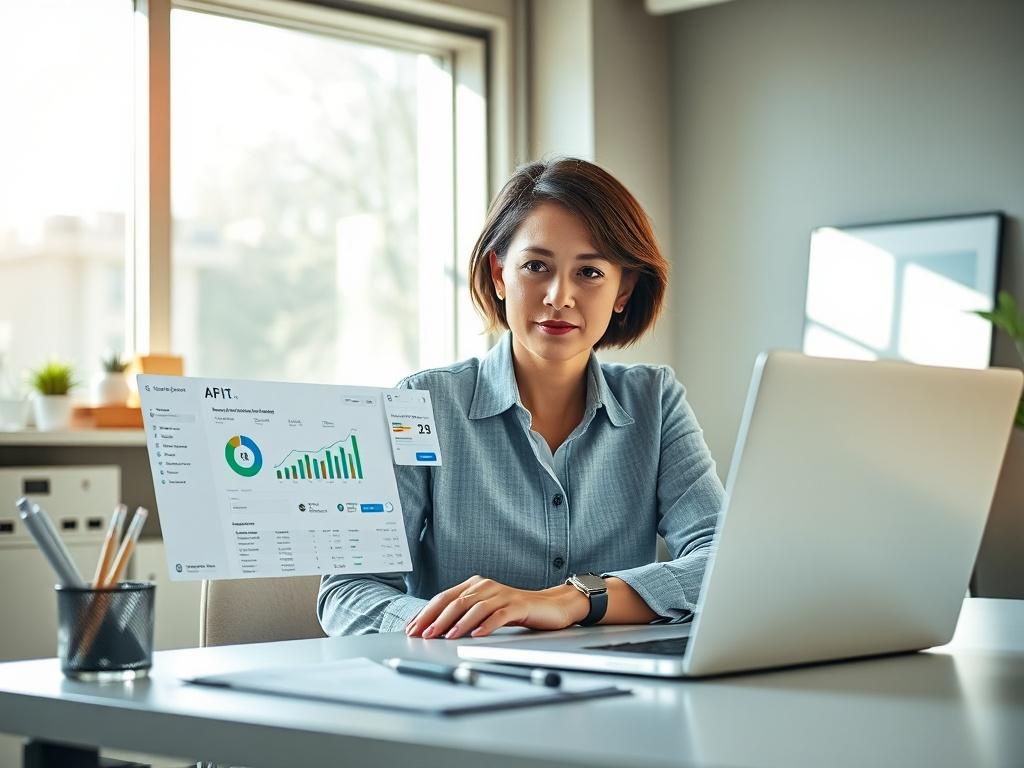 Create a realistic high-resolution photo of a modern office workspace that embodies the theme "Maximize Your Business Potential with AI Bots." The composition should be simple and clear, featuring a single subject: a professional-looking business person (a middle-aged woman, casually dressed) sitting at a sleek desk, intently engaging with a laptop displaying a visually appealing dashboard powered by AI technology. 

The background should include neatly organized office supplies and a large window that lets