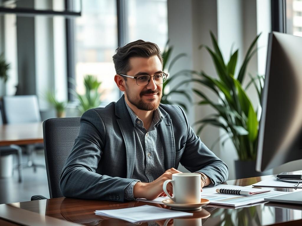 A focused business owner sitting at a modern desk, engaged with an AI interface on a computer screen, surrounded by documents and a coffee cup, symbolizing efficiency and automation. The background is a sleek office environment with plants and natural light coming through the windows. The image should be a close-up shot, captured with a 45mm f/1.2 lens, emphasizing the owner's expression of concentration and satisfaction.
