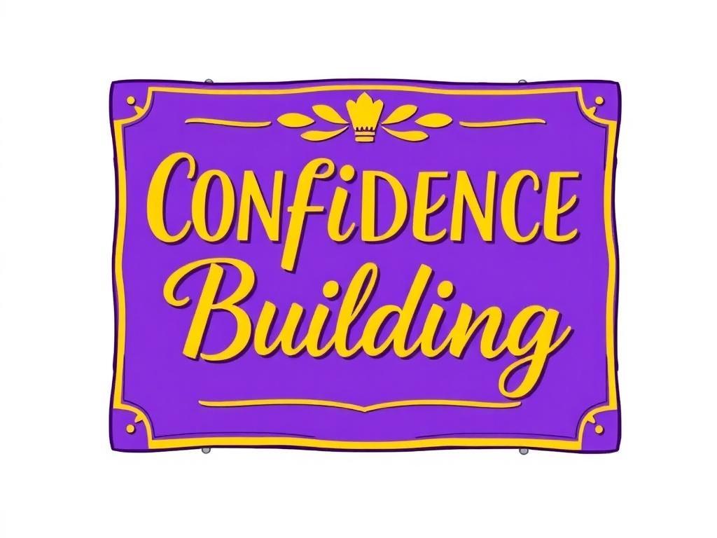 A high-quality illustration of a confidence-building sign featuring bold, inspiring text in an elegant font. The sign should be prominently displayed, showcasing a vivid purple and gold color scheme. The background should be simple and clear, emphasizing the sign itself as the focal point. The overall composition should convey positivity and motivation, inviting viewers to embrace confidence and resilience.