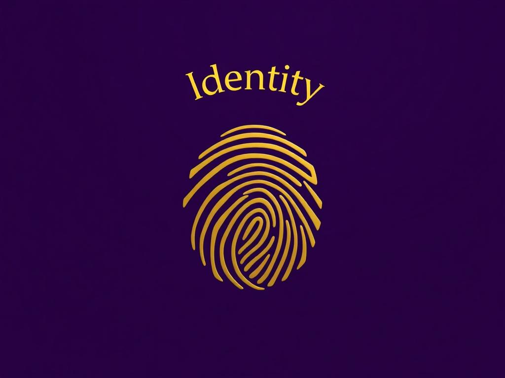 Design a geometric and minimal icon featuring a solid dark purple background. In the center, create a volleyball shaped fingerprint in gold. The fingerprint should be stylized, emphasizing the unique pattern of a volleyball. Above or integrated into the design, display the word 'Identity' in a bold, elegant gold font. The overall composition should be simple yet striking, with a focus on the contrast between the dark purple background and the gold elements.