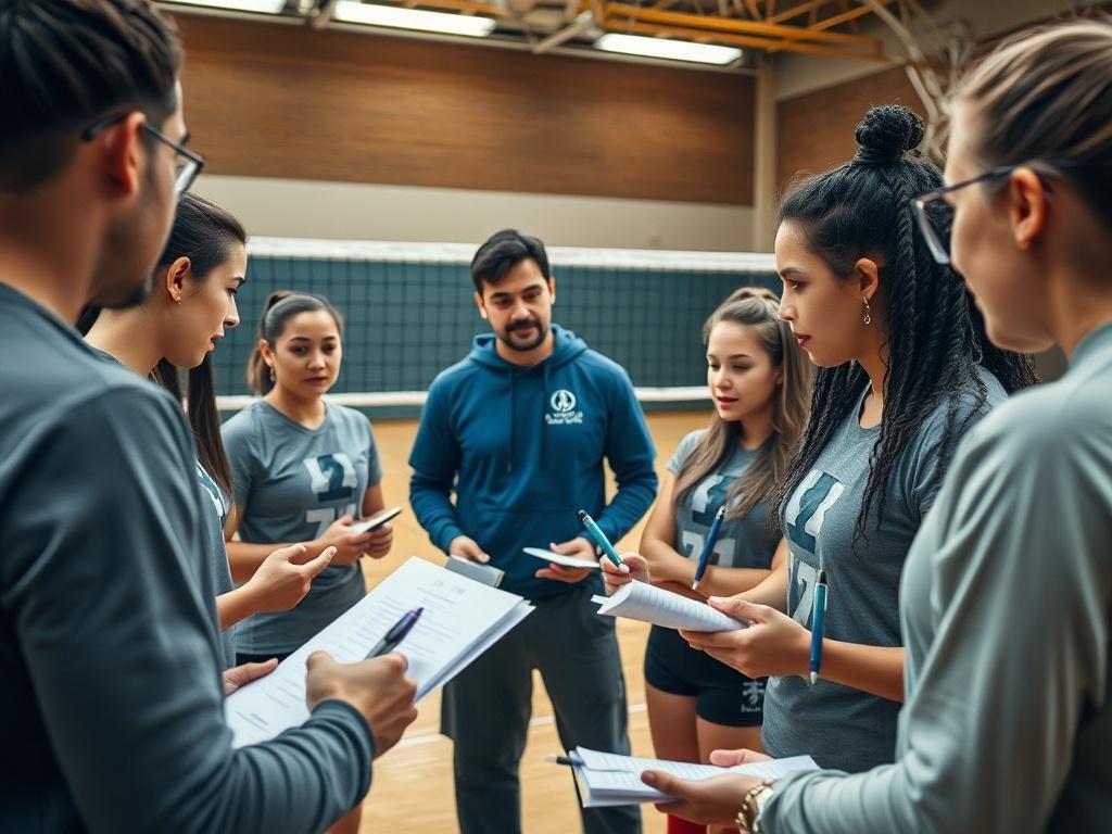 A group of athletes gathered in a volleyball gym, engaged